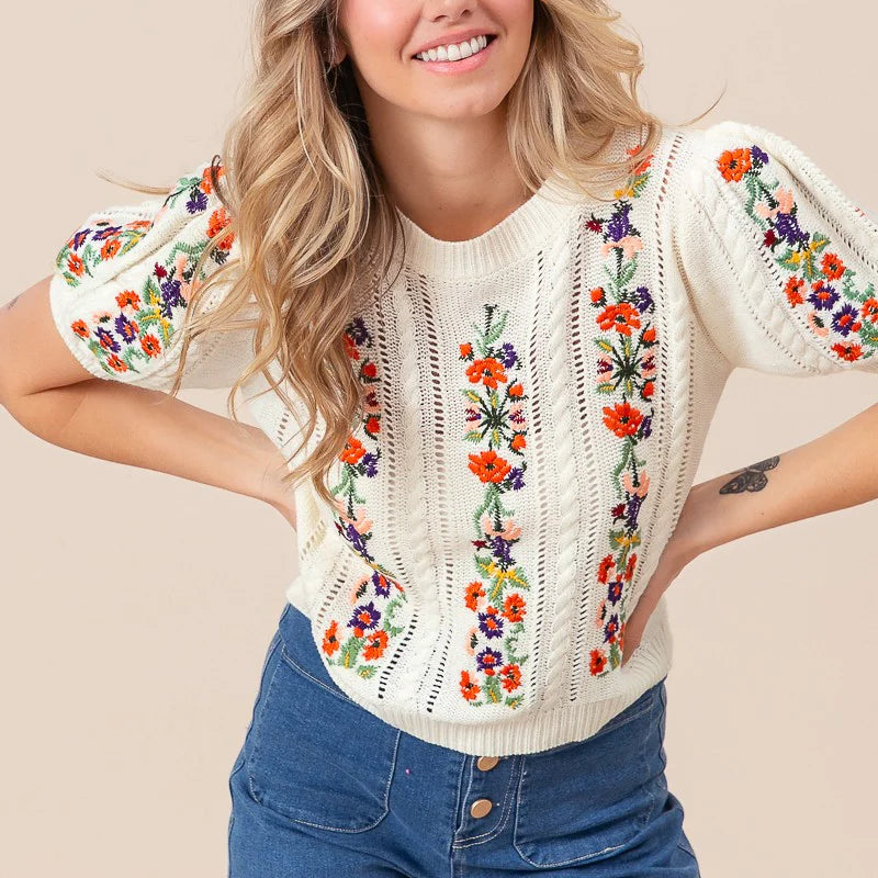 Top Tricoté avec Broderie de Fleurs